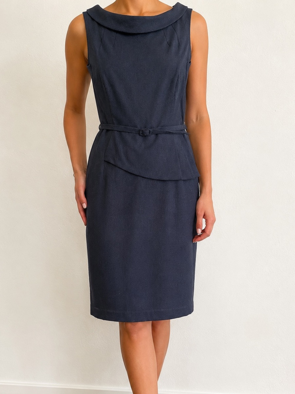David Meister Navy Belted Sheath Peplum Dress Size 8 Made in USA